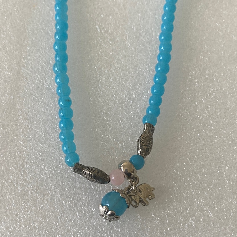 Blue Beaded Necklace with Elephant Charm new